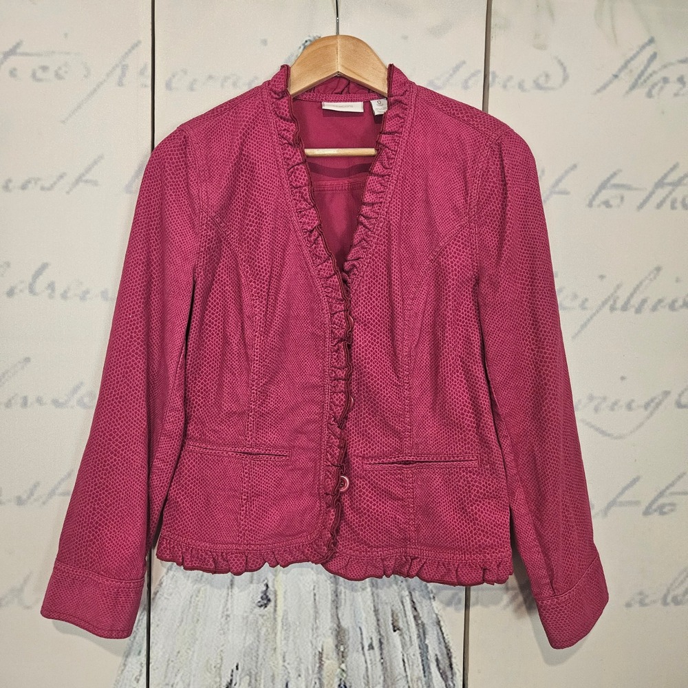 Chicos Pink Textured‎ Ruffle Collar Button Front Blazer Jacket Womens 0 (S)